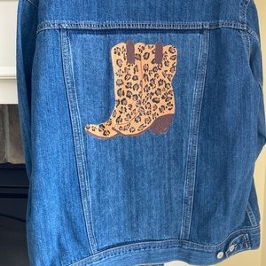 Hand Painted Upcycled Jean Jacket in Size Large. Pair of Leopard Boots.